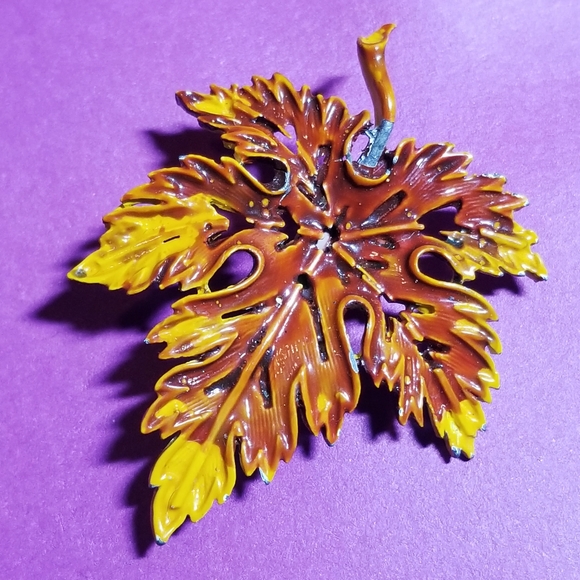 Vintage Jewelry - Relisted -Vintage fall leaf brooch pin orange yellow brown tree nature fairycore
